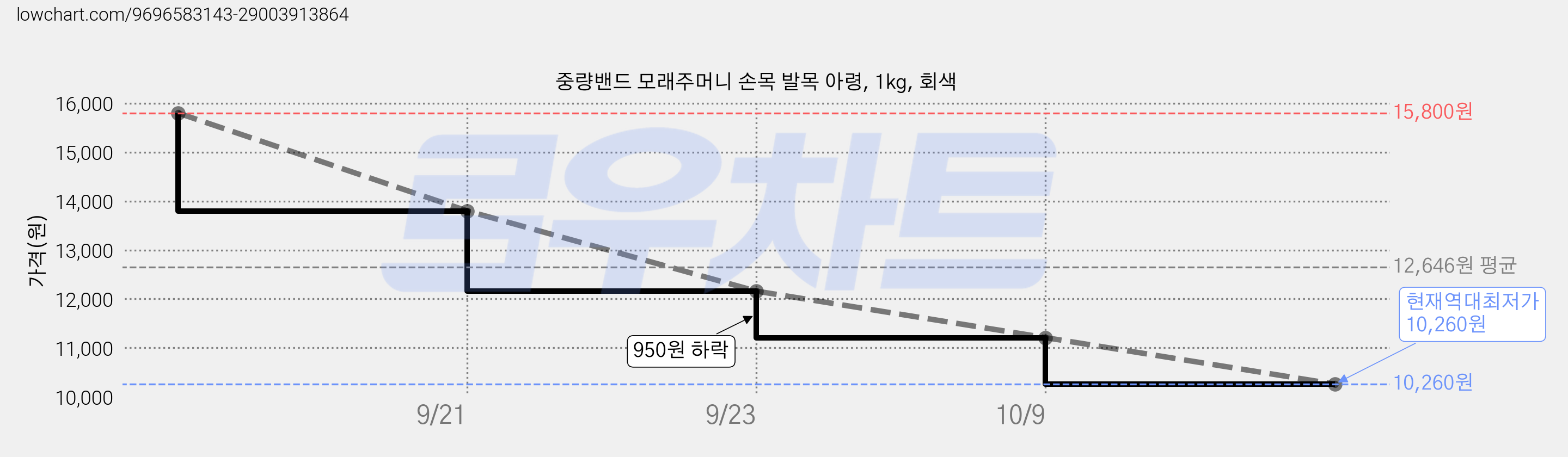 중량밴드 모래주머니 손목 발목 아령, 1kg, 회색 가격 변동 차트, 현재가 10,260원, 역대최저가