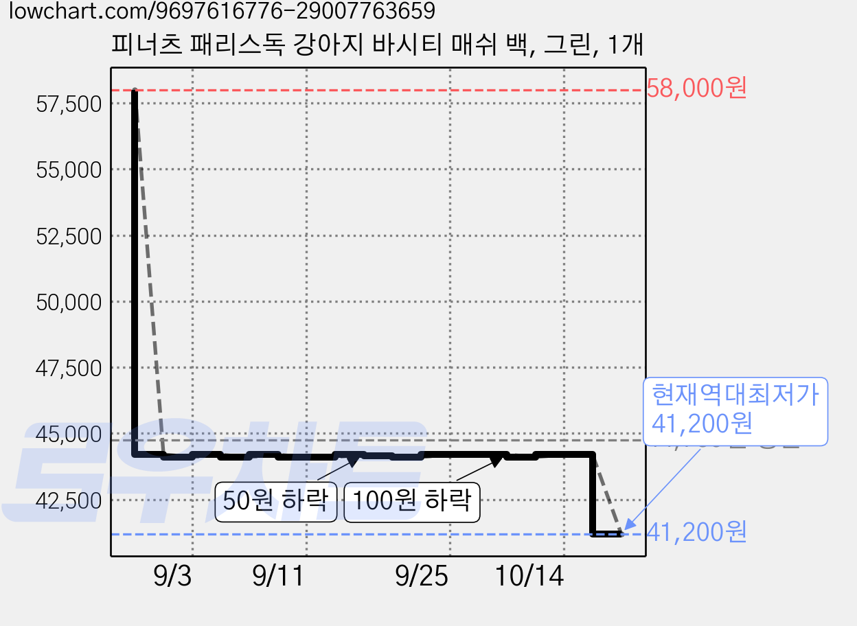 피너츠 패리스독 강아지 바시티 매쉬 백, 그린, 1개 가격 변동 차트, 현재가 41,200원, 역대최저가