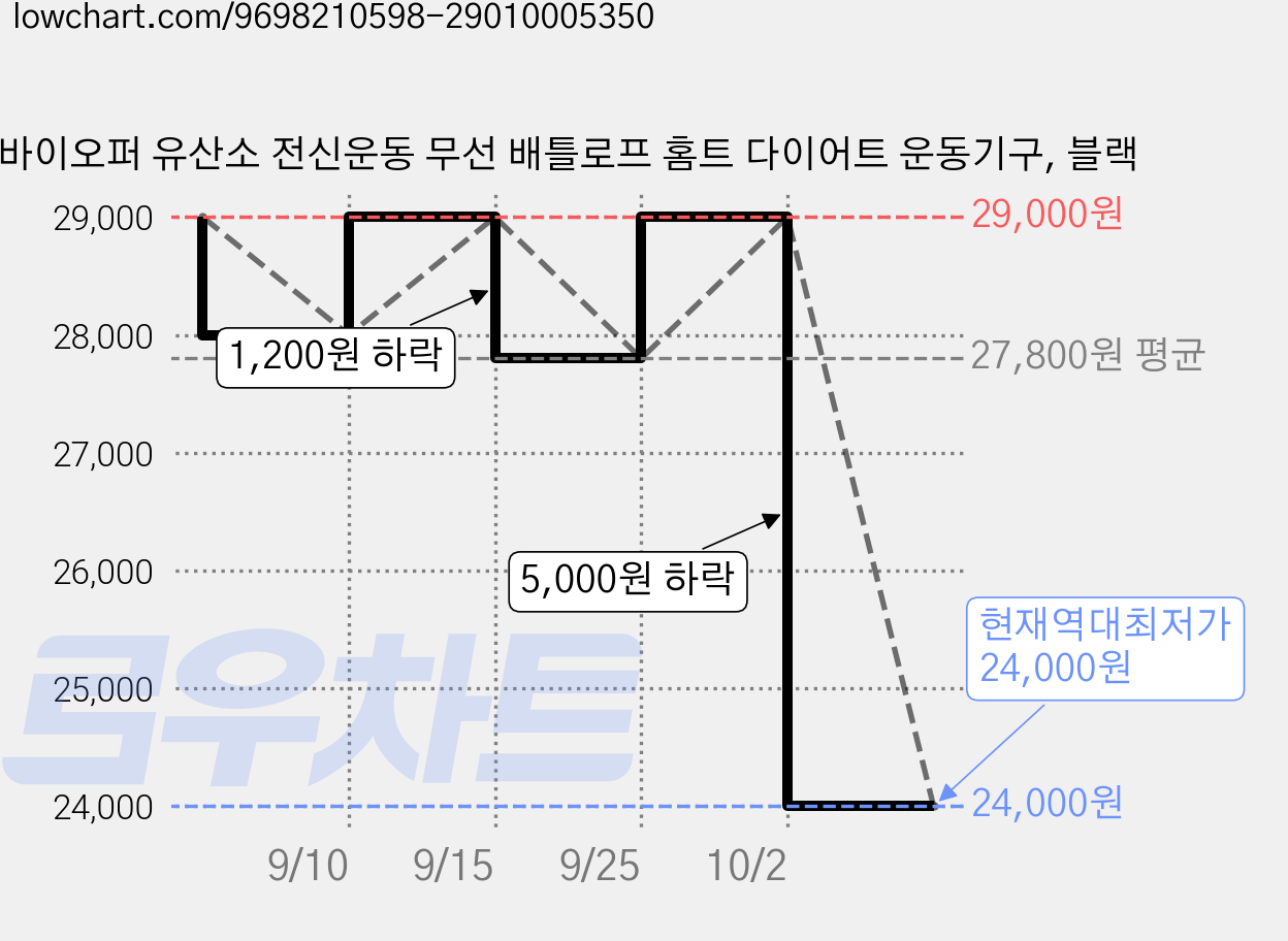 바이오퍼 유산소 전신운동 무선 배틀로프 홈트 다이어트 운동기구, 블랙 가격 변동 차트, 현재가 24,000원, 역대최저가