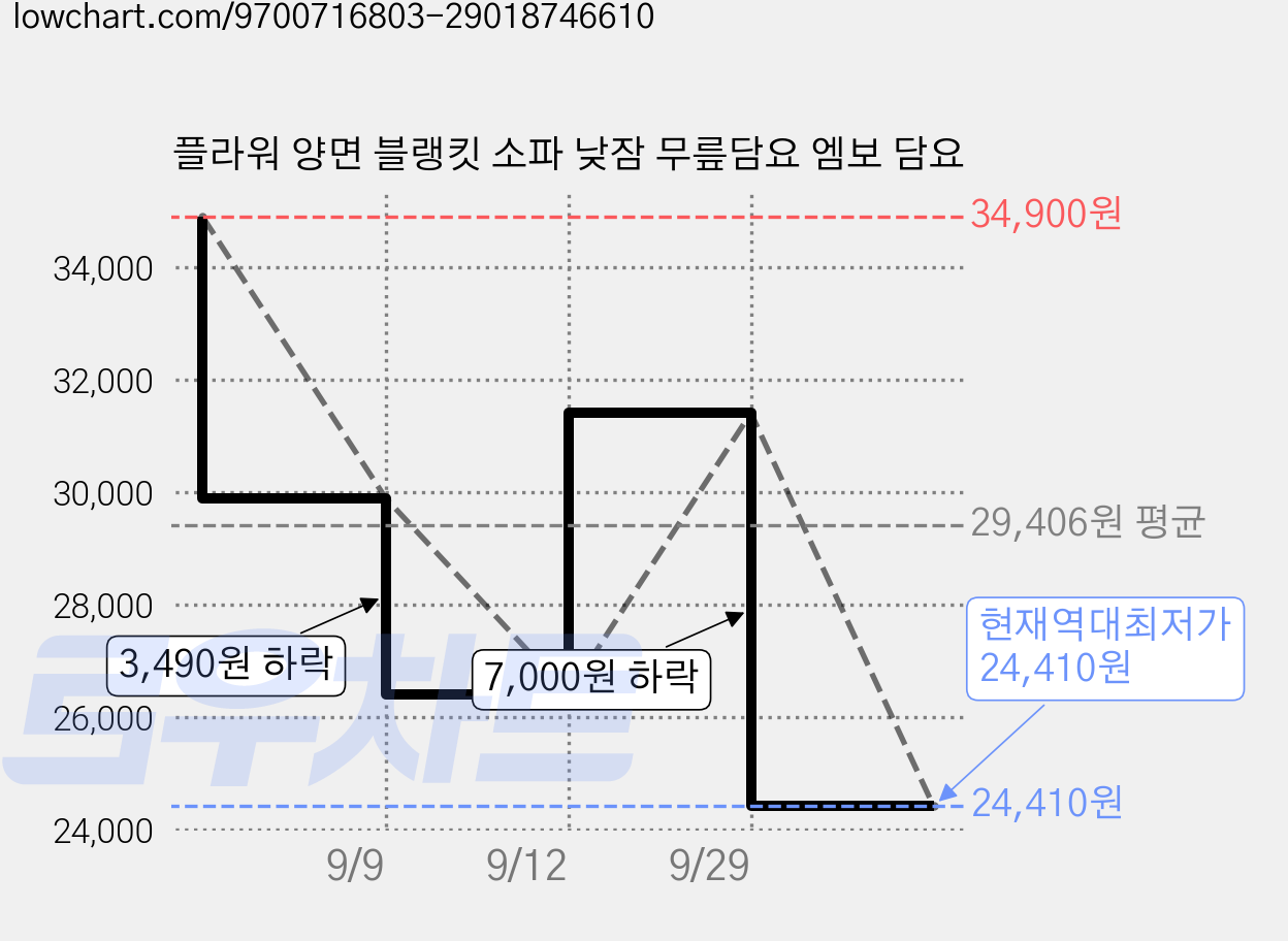 플라워 양면 블랭킷 소파 낮잠 무릎담요 엠보 담요 가격 변동 차트, 현재가 24,410원, 역대최저가