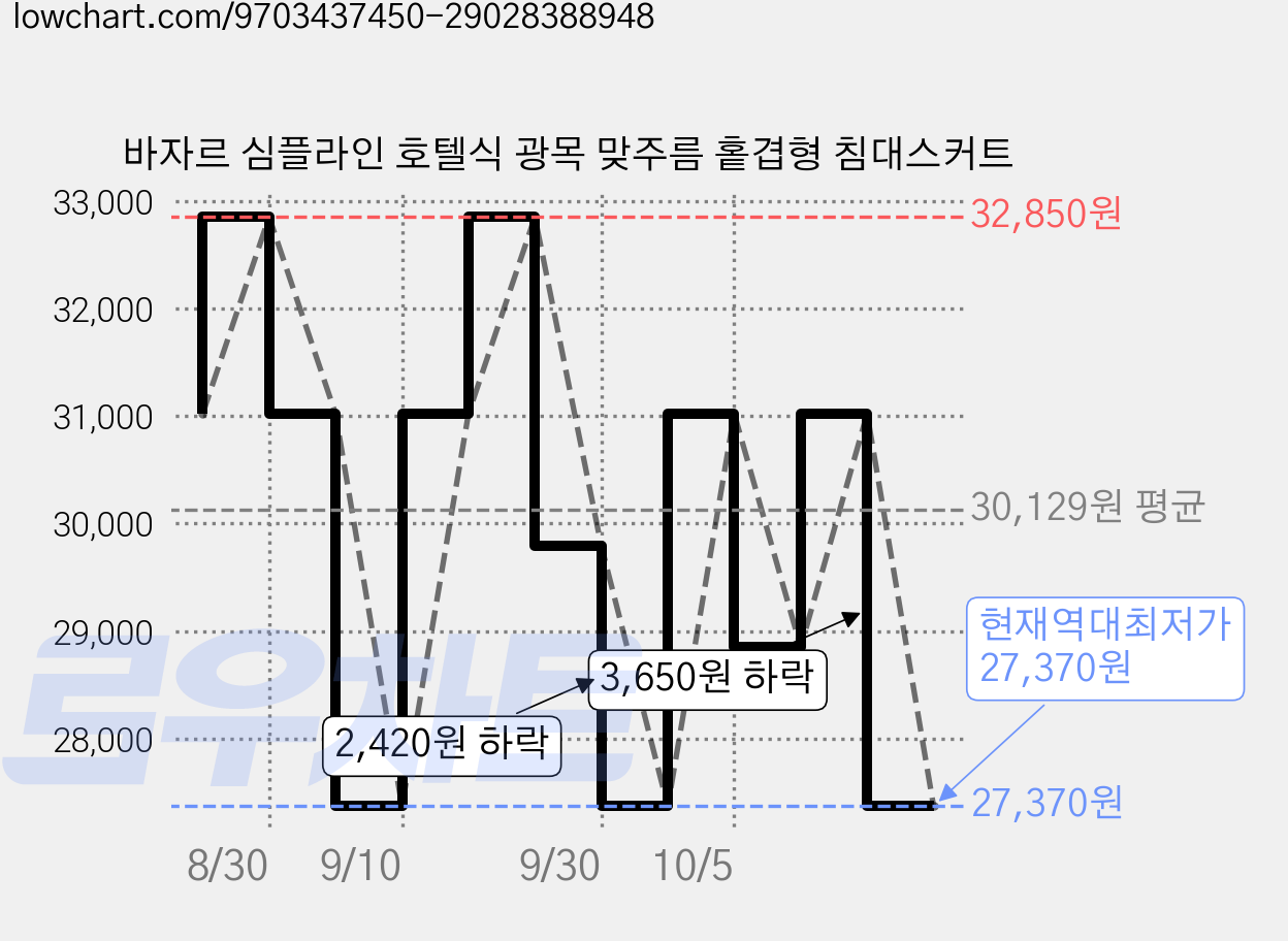 바자르 심플라인 호텔식 광목 맞주름 홑겹형 침대스커트 가격 변동 차트, 현재가 27,370원, 역대최저가