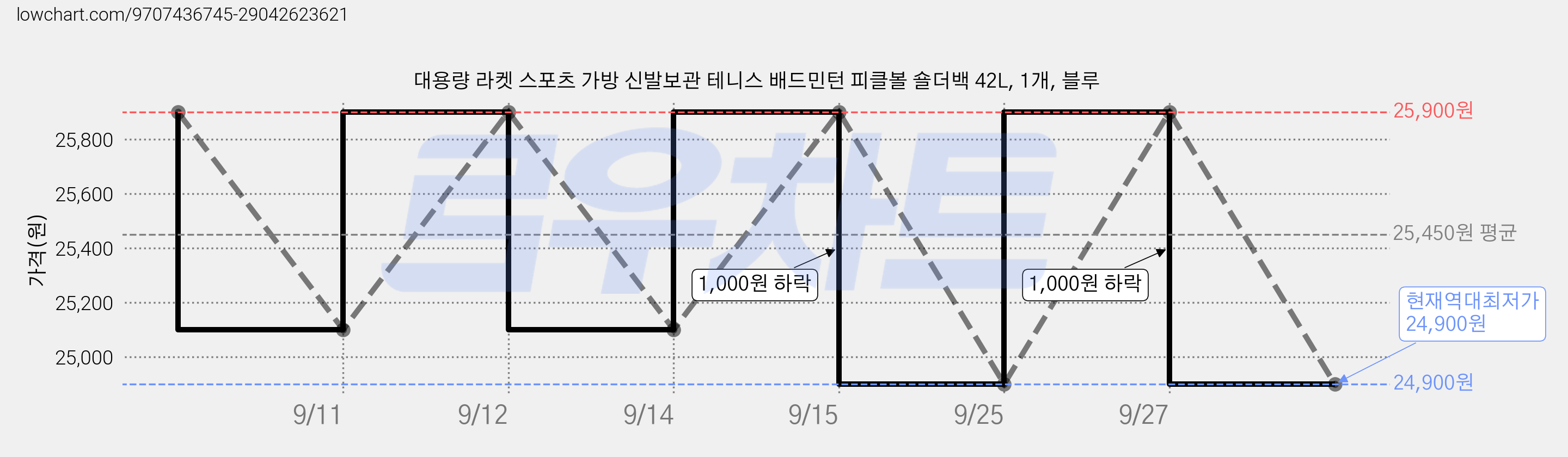 대용량 라켓 스포츠 가방 신발보관 테니스 배드민턴 피클볼 숄더백 42L, 1개, 블루 가격 변동 차트, 현재가 24,900원, 역대최저가
