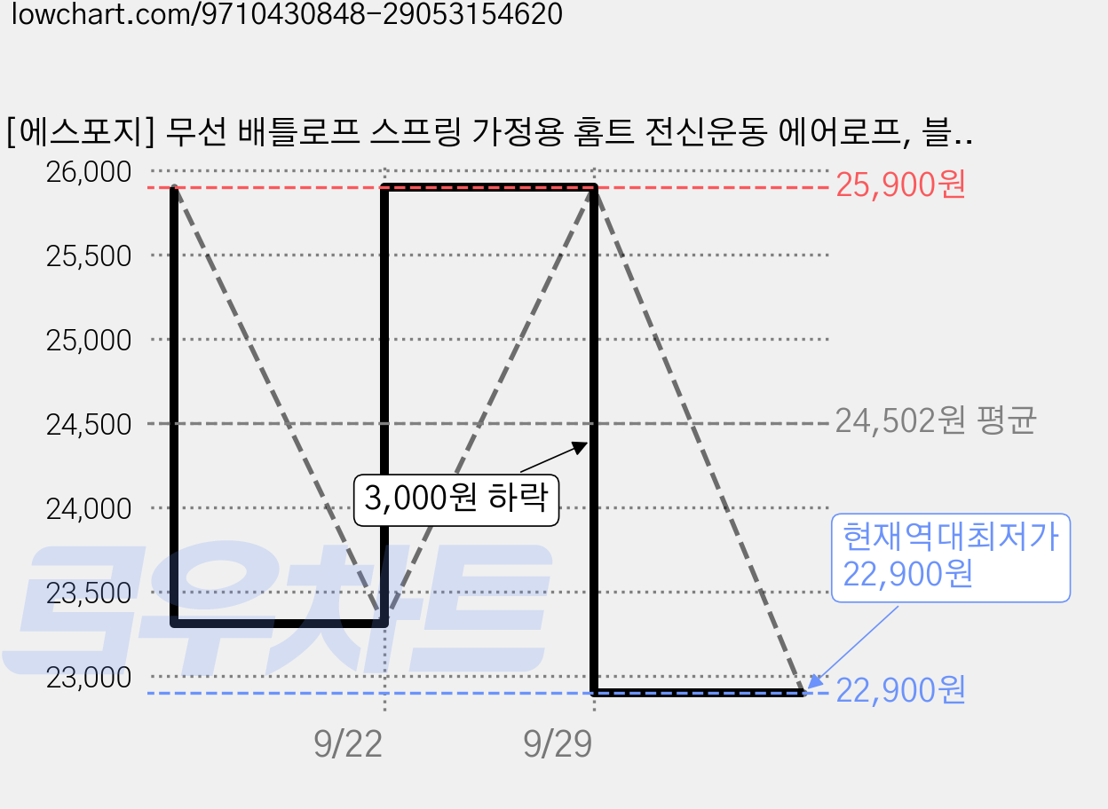 [에스포지] 무선 배틀로프 스프링 가정용 홈트 전신운동 에어로프, 블랙 가격 변동 차트, 현재가 22,900원, 역대최저가
