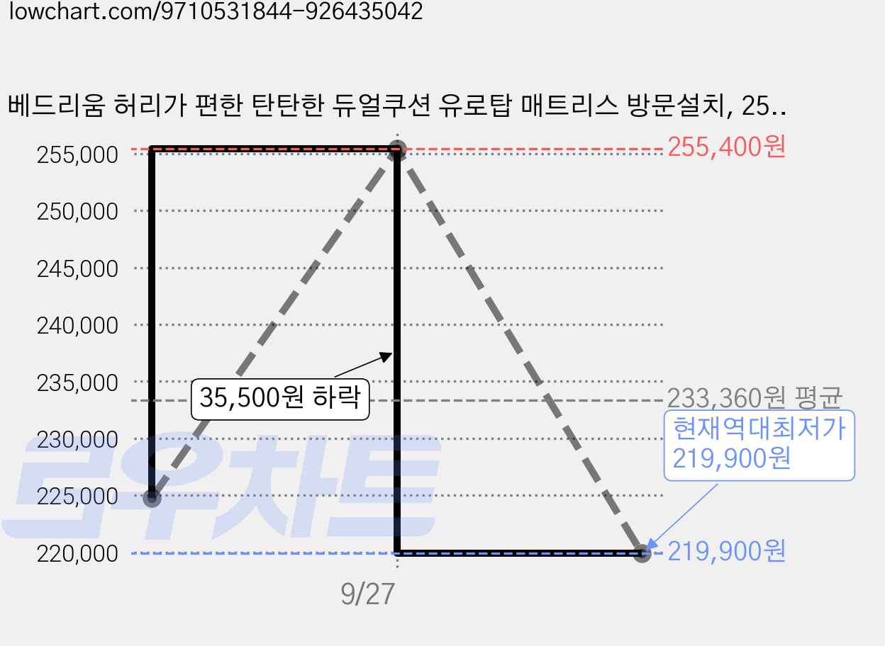 베드리움 허리가 편한 탄탄한 듀얼쿠션 유로탑 매트리스 방문설치, 25cm, 미디엄하드 가격 변동 차트, 현재가 219,900원, 역대최저가