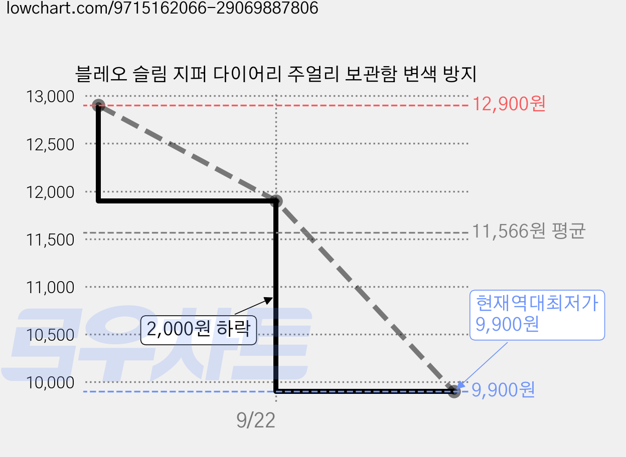 블레오 슬림 지퍼 다이어리 주얼리 보관함 변색 방지 가격 변동 차트, 현재가 9,900원, 역대최저가