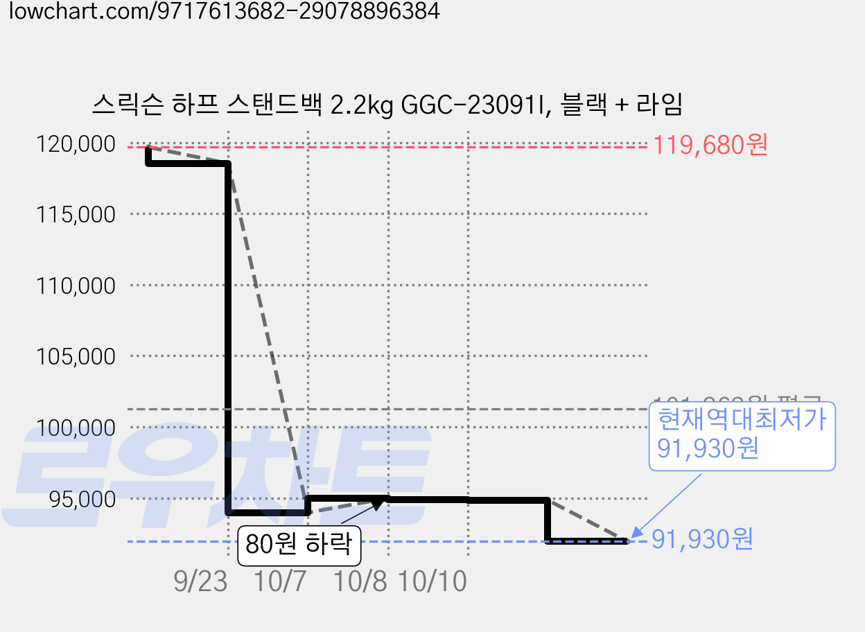 스릭슨 하프 스탠드백 2.2kg GGC-23091I, 블랙 + 라임 가격 변동 차트, 현재가 91,930원, 역대최저가
