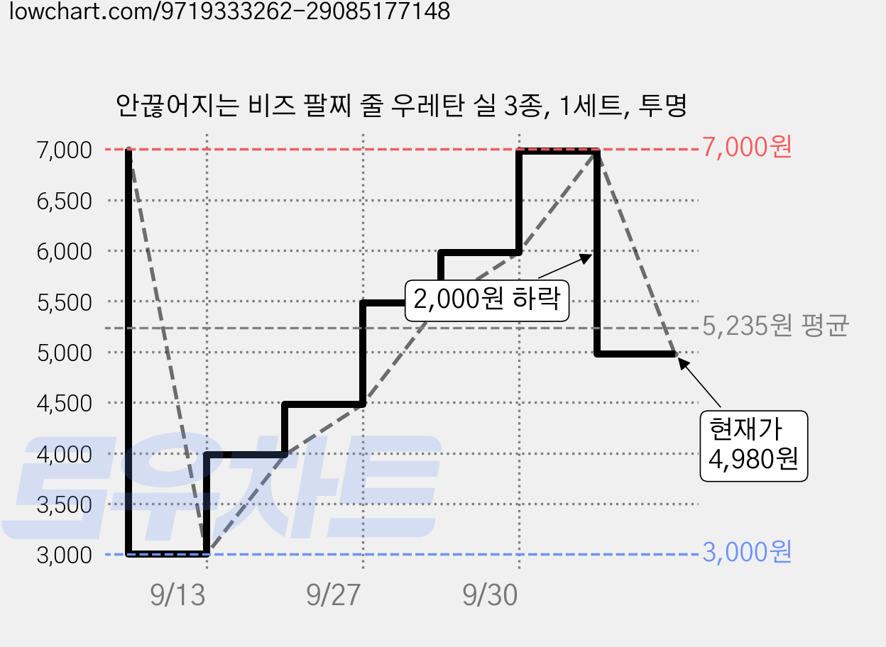 안끊어지는 비즈 팔찌 줄 우레탄 실 3종, 1세트, 투명 가격 변동 차트, 현재가 4,980원, 관측 최저가 3,000원