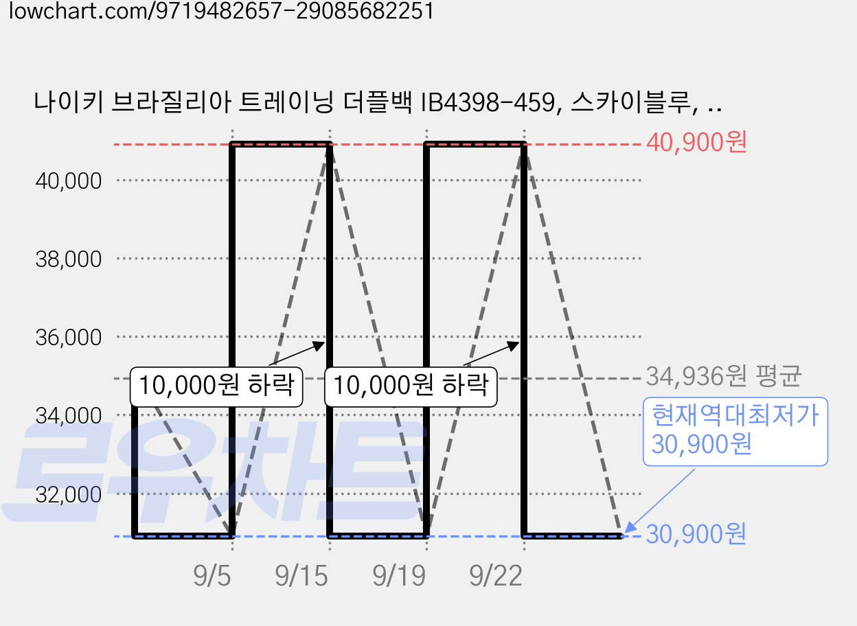 나이키 브라질리아 트레이닝 더플백 IB4398-459, 스카이블루, 1개 가격 변동 차트, 현재가 30,900원, 역대최저가