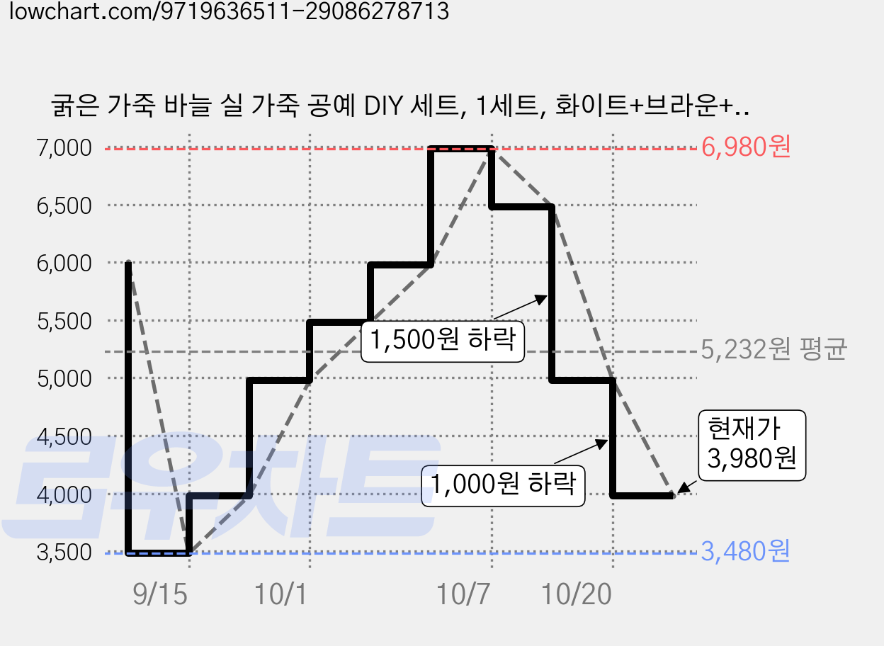굵은 가죽 바늘 실 가죽 공예 DIY 세트, 1세트, 화이트+브라운+블랙 가격 변동 차트, 현재가 3,980원, 관측 최저가 3,480원