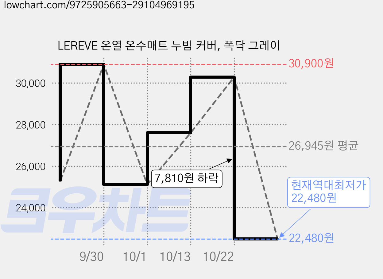 LEREVE 온열 온수매트 누빔 커버, 폭닥 그레이 가격 변동 차트, 현재가 22,480원, 역대최저가