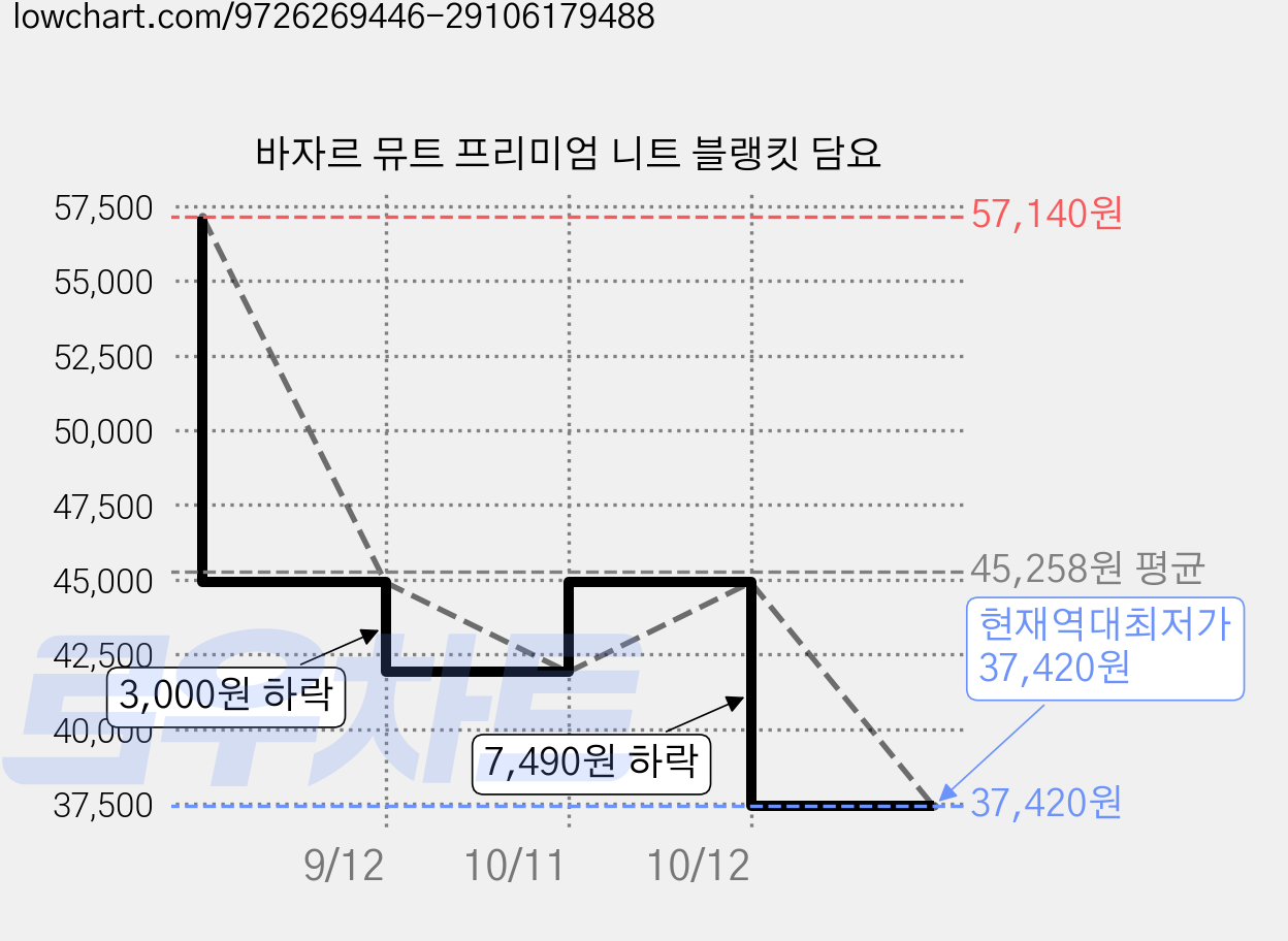 바자르 뮤트 프리미엄 니트 블랭킷 담요 가격 변동 차트, 현재가 37,420원, 역대최저가