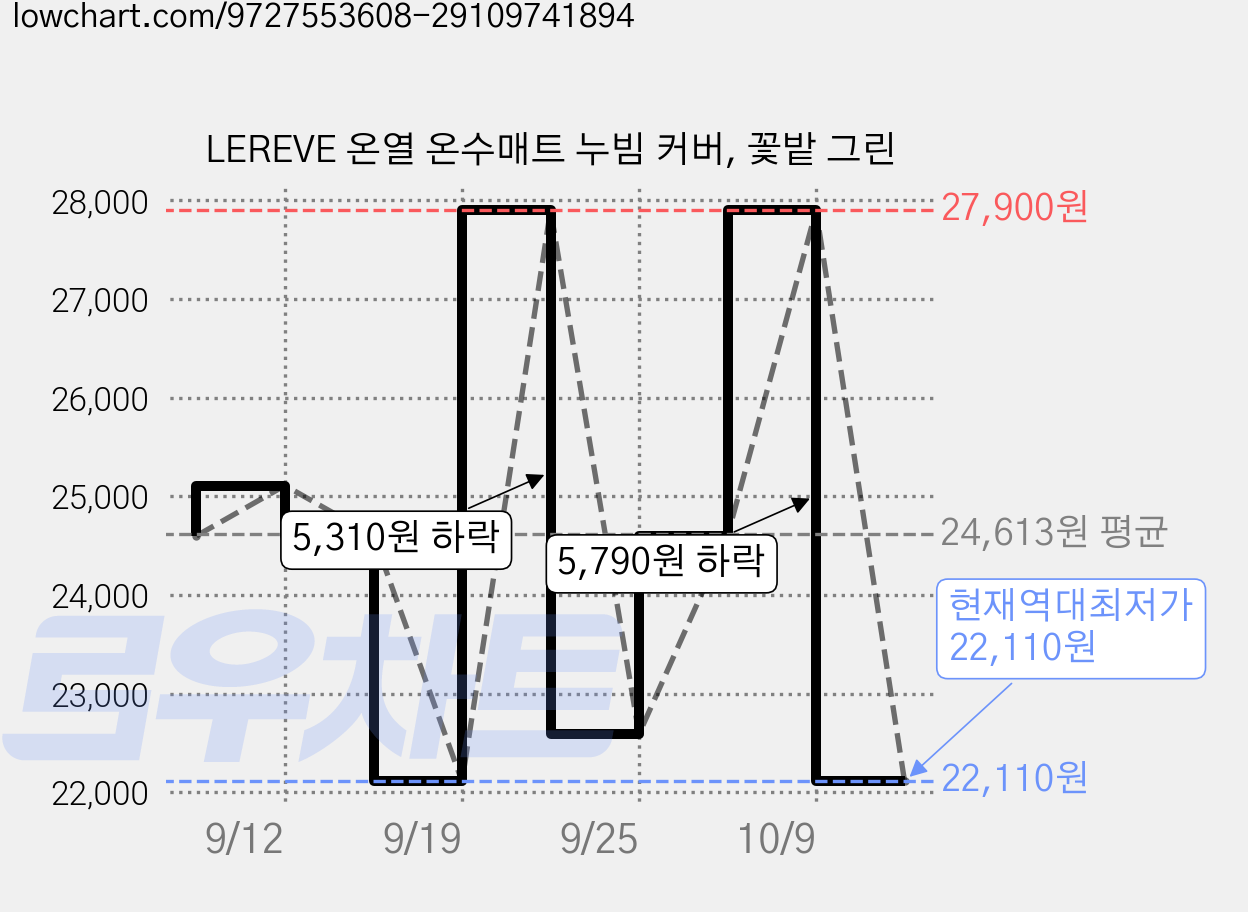LEREVE 온열 온수매트 누빔 커버, 꽃밭 그린 가격 변동 차트, 현재가 22,110원, 역대최저가