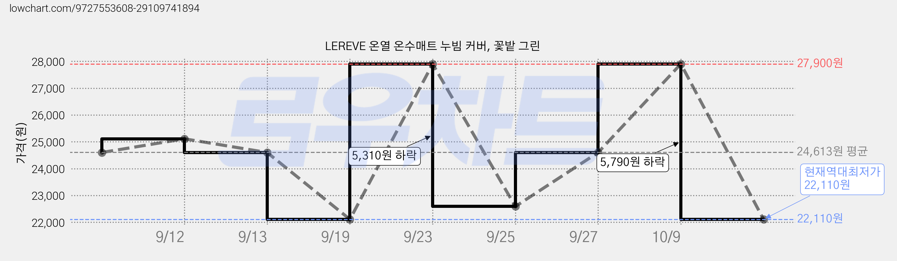 LEREVE 온열 온수매트 누빔 커버, 꽃밭 그린 가격 변동 차트, 현재가 22,110원, 역대최저가