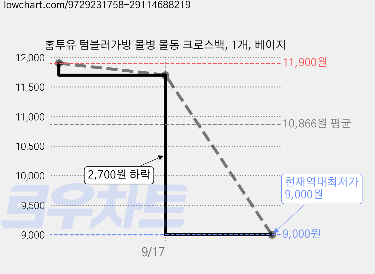 홈투유 텀블러가방 물병 물통 크로스백, 1개, 베이지 가격 변동 차트, 현재가 9,000원, 역대최저가