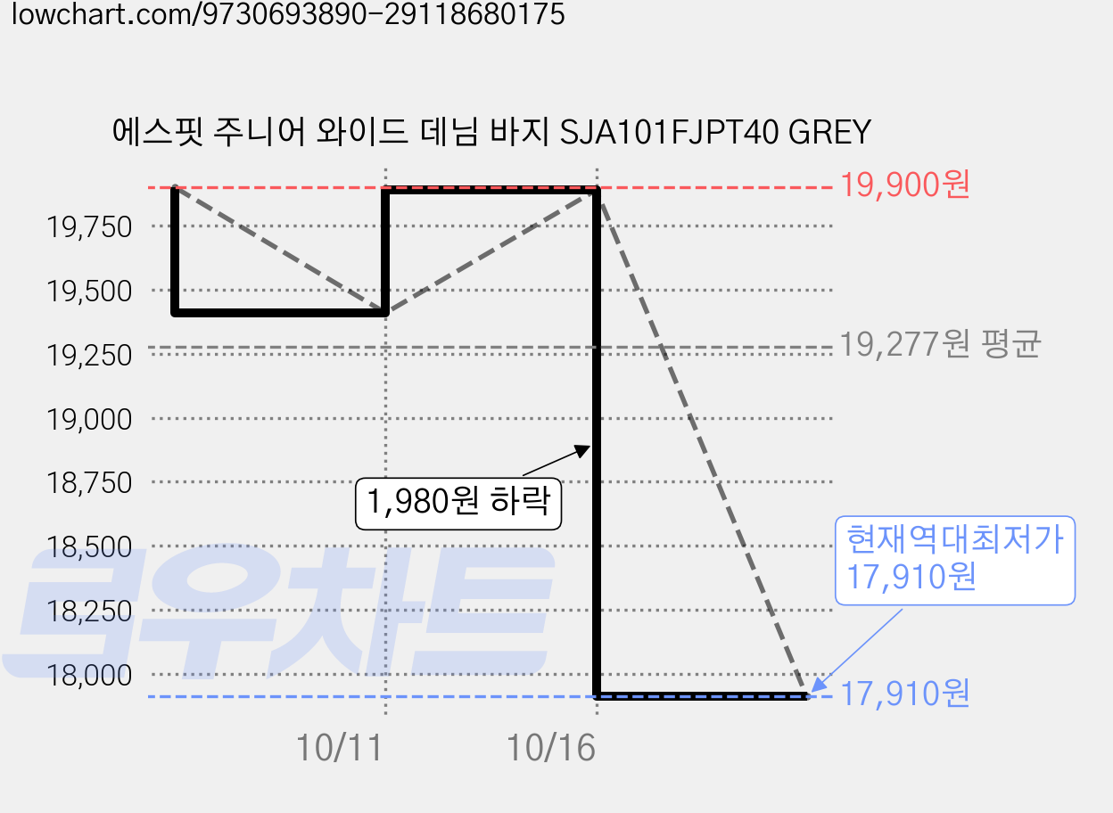 에스핏 주니어 와이드 데님 바지 SJA101FJPT40 GREY 가격 변동 차트, 현재가 17,910원, 역대최저가