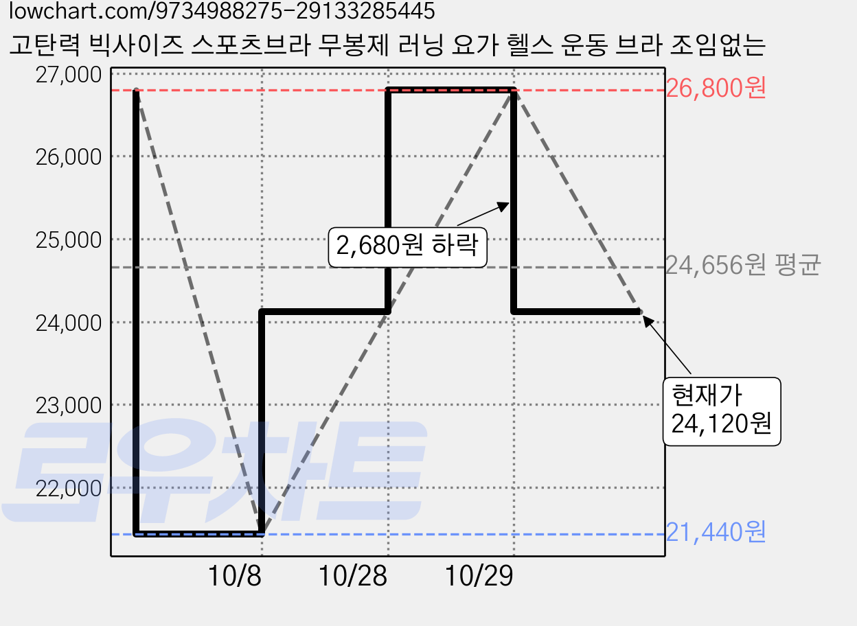 고탄력 빅사이즈 스포츠브라 무봉제 러닝 요가 헬스 운동 브라 조임없는 가격 변동 차트, 현재가 24,120원, 관측 최저가 21,440원
