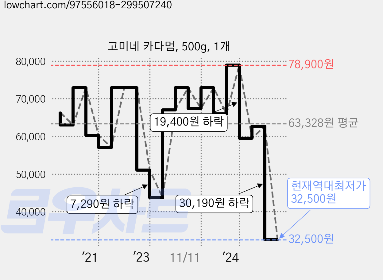 고미네 카다멈, 500g, 1개 가격 변동 차트, 현재가 32,500원, 역대최저가