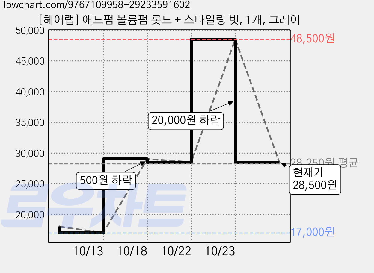 [헤어랩] 애드펌 볼륨펌 롯드 + 스타일링 빗, 1개, 그레이 가격 변동 차트, 현재가 28,500원, 관측 최저가 17,000원